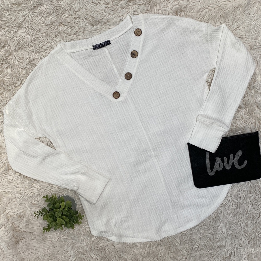 Shop Basic Waffle Button V-Neck Top 💗 White